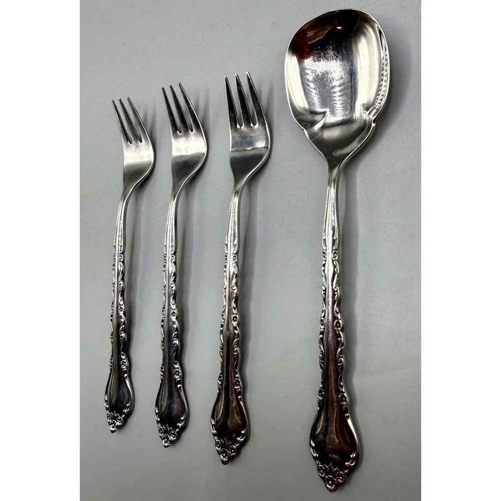 International Silver Gigi Stainless Deluxe 3 Cocktail Forks 1 Sugar Spoon 4pc